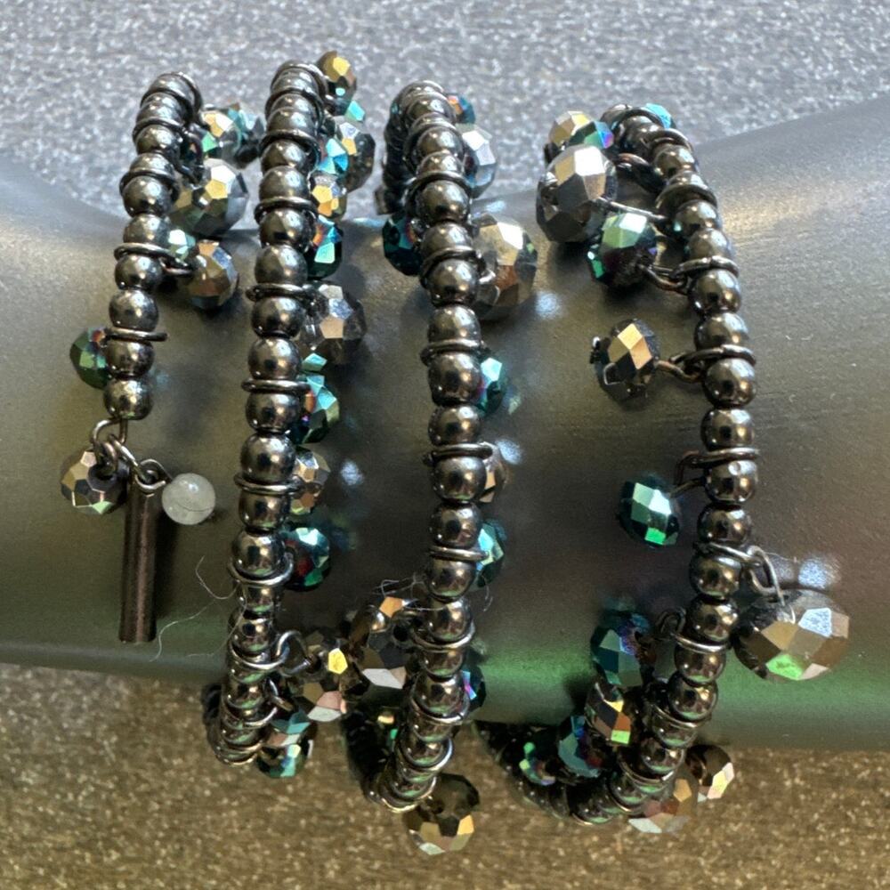 Multicolored Blue And Gray Iridescent Beads And Dangles Wrap Bracelet